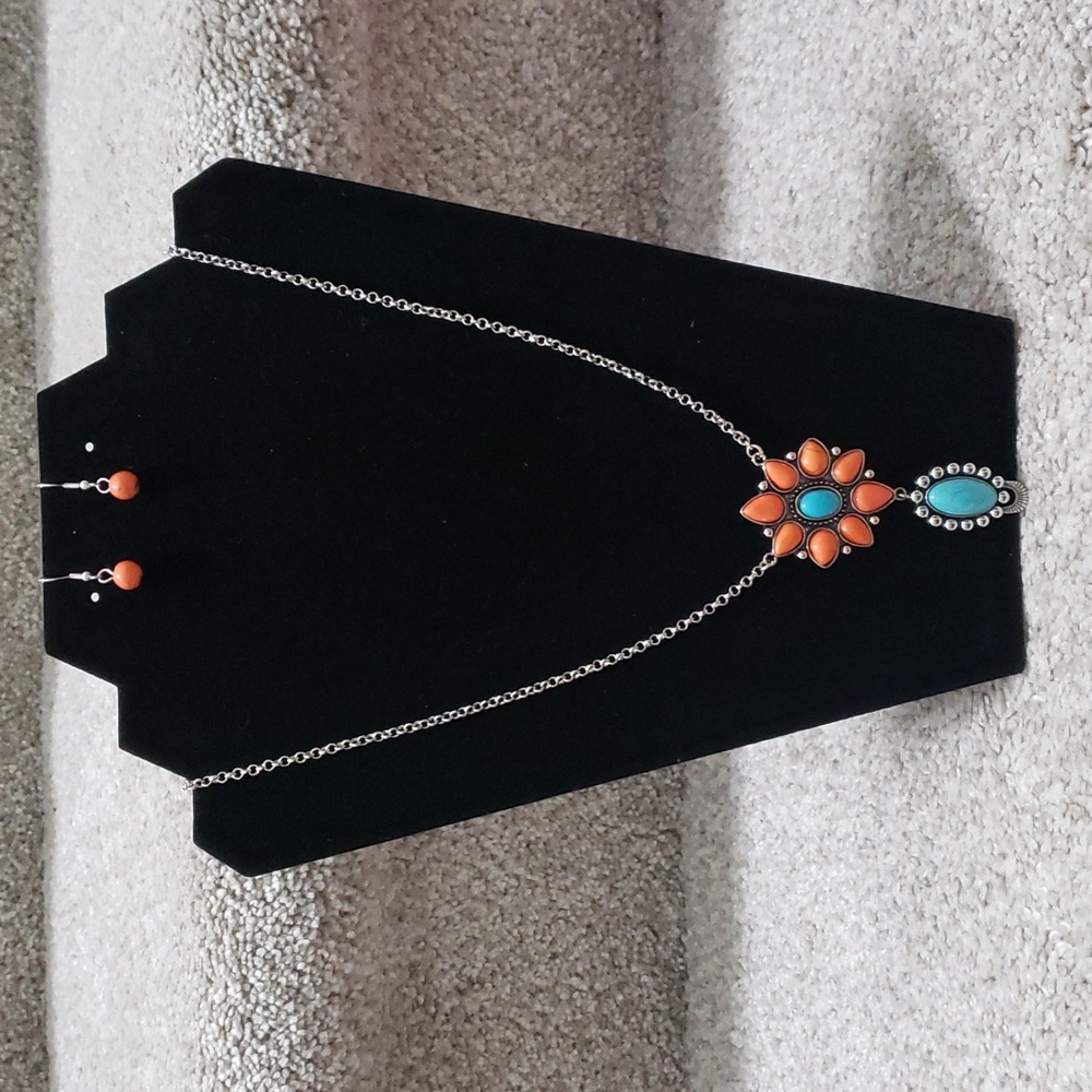 Turquoise and orange necklace and earring set